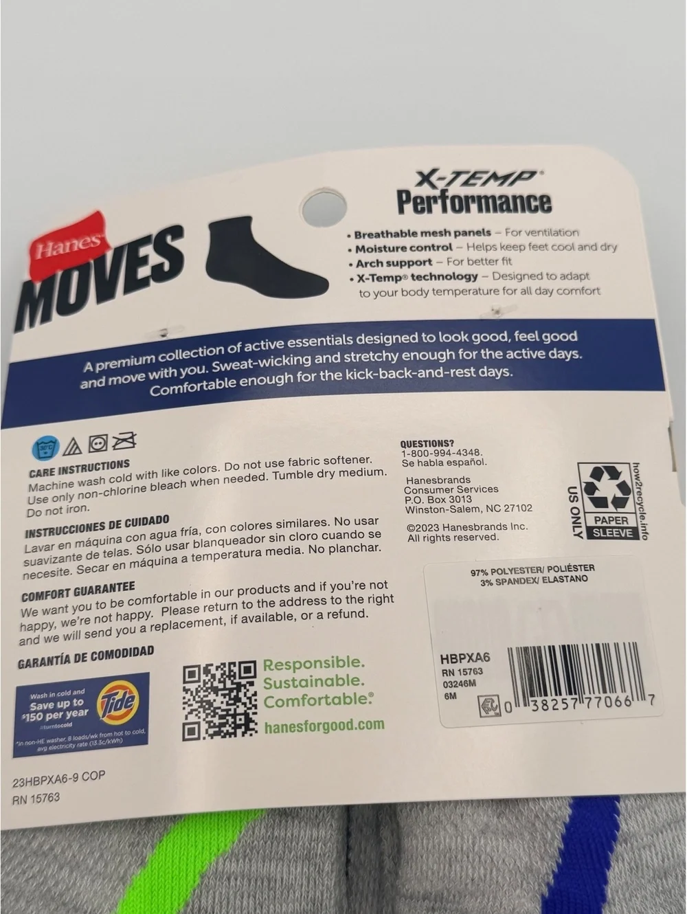 Hanes Moves X-Temp Performance Ankle Socks 6-Pack Size 3-9